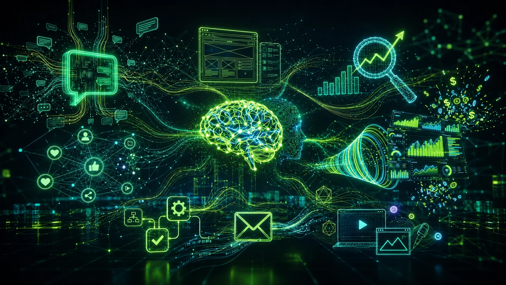 A connected collage representing ScaleurSale's marketing, automation, web, SEO, advertising, social media and creative services